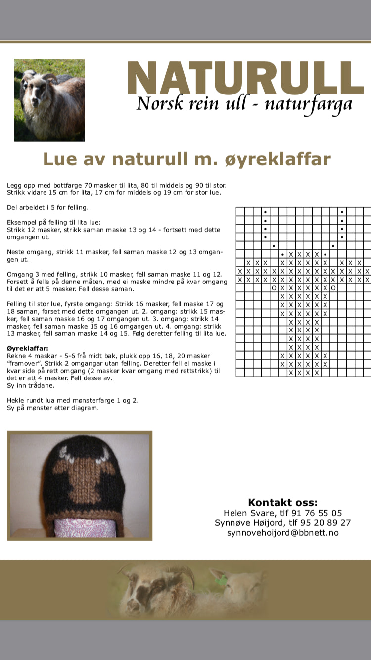 Bildet Vav oppskrift til lue med øreklaffer og ku på, som vi selger oppskrift og garn til.