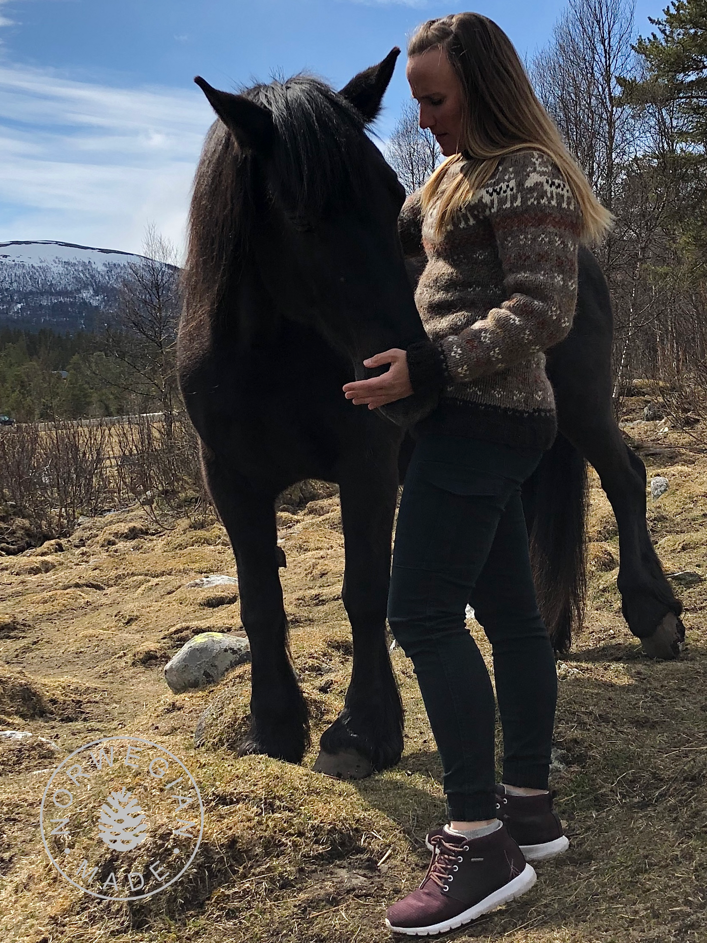 Bildet av genser i rundfelling med reinsdyr på, som vi selger oppskrift og garn til.